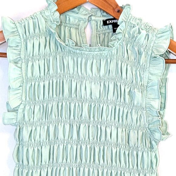 Express | Mint Green Allover Smocked Ruffle Tank Top Blouse | Size Small - Picture 4 of 9